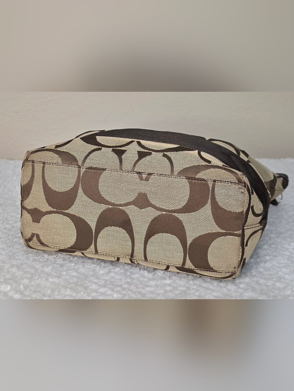 Coach Signature Stripe Canvas Tote Bag Brown Khaki Leather Trim Zip Top - Picture 8 of 11